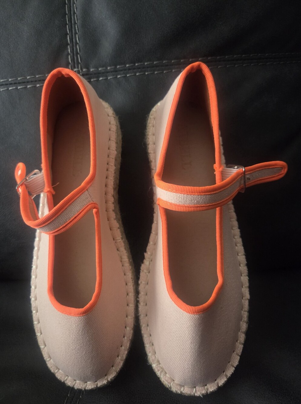 Atbell Women’s Canvas Mary Jane Espadrilles - Cream with Neon Orange Trim